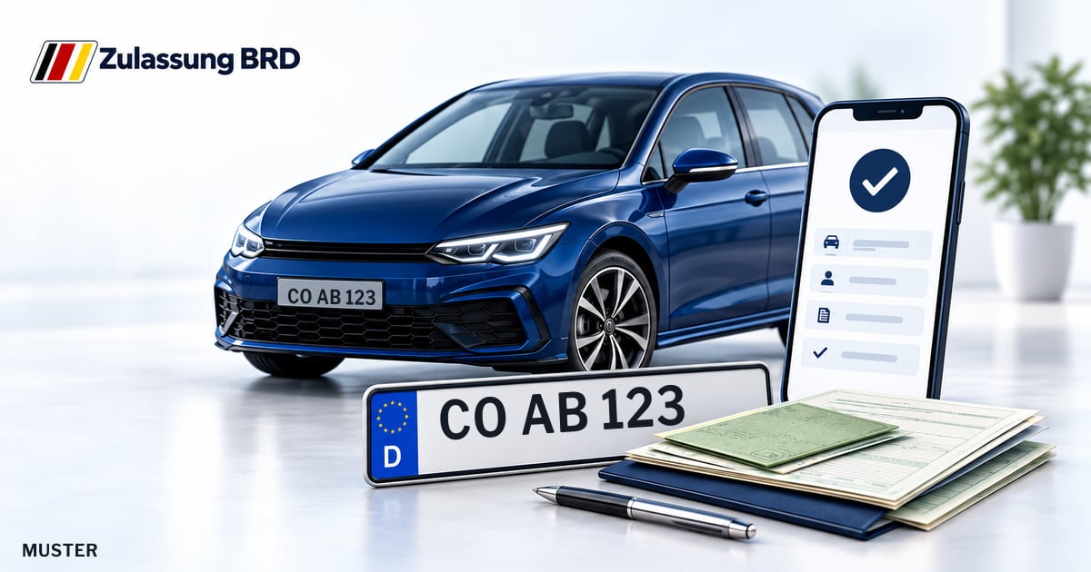 Online Fahrzeugzulassung in Coburg: Musterkennzeichen CO AB 123, Auto und Fahrzeugpapiere und Smartphone. Illustration mit Logo von Zulassung BRD.